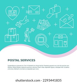 Postal services banner in line style with place for text. Mail and parcels delivery. Vector illustration.