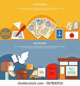 Postal services horizontal banners with postcrossing in yellow color mail delivery on grey background isolated vector illustration