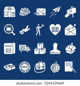 Postal services icon set in flat style. Mail delivery symbols, post office. Vector illustration.