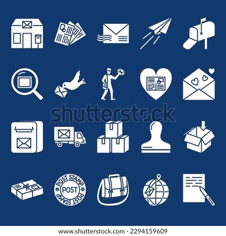 Postal services icon set in flat style. Mail delivery symbols, post office. Vector illustration.