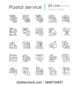 Postal services linear icons set. Express mail delivery business. Transportation industry, post office customizable thin line contour symbols. Isolated vector outline illustrations. Editable stroke