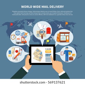 Postal services online design with clouds and icons around mobile device and hands world map vector illustration