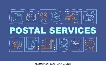 Conceptos de palabra de servicios postales banner azul oscuro. Proceso de entrega. Infografía con iconos editables en el fondo del color. Tipografía aislada. Ilustración vectorial con texto. Fuente Arial-Black utilizada
