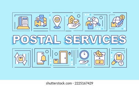 Postal services word concepts turquoise banner. Shipping company. Infographics with editable icons on color background. Isolated typography. Vector illustration with text. Arial-Black font used