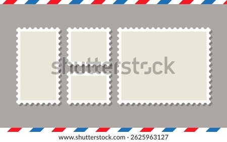 Postal shapes border. Blank frames isolated on gray background. Empty post stamp set for mail letter. Collection paper postmarks. Postage stamps. Vector illustration.