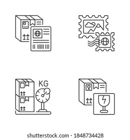 Postal shipping linear icons set. Shipment label, postage stamps, cargo weight and fragile items customizable thin line contour symbols. Isolated vector outline illustrations. Editable stroke