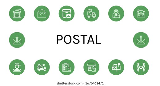 postal simple icons set. Contains such icons as Mail, Postal delivery, Delivery, Deliveryman, Home delivery, Postman, Mailbox, Envelope, can be used for web, mobile and logo