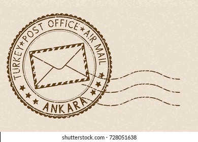 Postal stamp with ANKARA title. Round brown postmark on beige background. Vector illustration