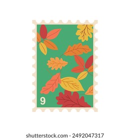 Postal stamp with colorful autumn leaves flat cartoon design for mail envelop vector illustration