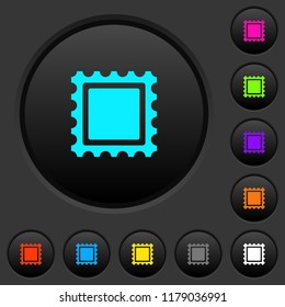 Postal stamp dark push buttons with vivid color icons on dark grey background
