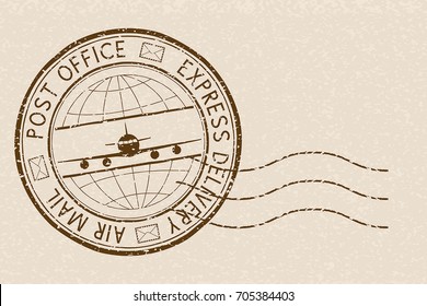 Postal stamp Express delivery, round brown postmark with plane icon. Vector illustration