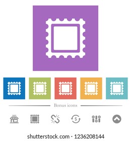 Postal stamp flat white icons in square backgrounds. 6 bonus icons included.
