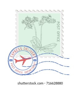 Postal stamp with flower and blue round postmark. Vector illustration isolated on white background