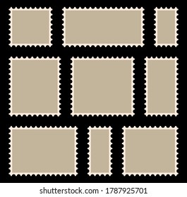 Postal stamp frame or border set with copyspace. Blank, beige postage marks collection. Retro letter label with perforated edge. Clipart illustration of empty envelope or postcard sticker template.