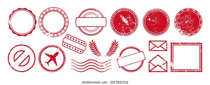 Postal Stamp frame grunge empty red set. Banners vintage icon border postmark pack. Texture blank imprints stamps. Document and package, letter insignia collection round and square stamp symbol label