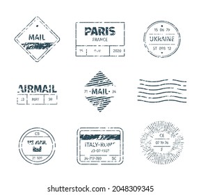 Postal stamp. Grunge post templates vintage blank tags stripped lines marks textures garish vector stamp