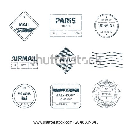 Postal stamp. Grunge post templates vintage blank tags stripped lines marks textures garish vector stamp