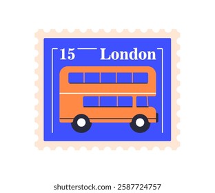 Postal stamp with London double-decker bus. Post mark, British souvenir. Postage, mail card. UK and England travel and sightseeing. Flat vector illustration isolated on white background