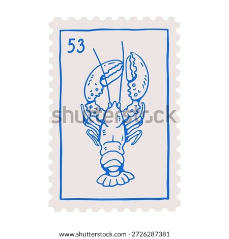 Postal stamp, mark design with lobster sketch. Mediterranean sea food, postmark in frame. Seafood, Italian cuisine, post drawing in retro dolce vita hand-drawn style. Flat vector illustration