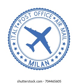 Postal stamp with MILAN title. Round blue postmark. Vector illustration isolated on white background