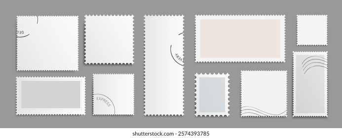 Postal stamp mockup set with express postmark prints - white rectangular frames in different dimensions and perforated borders. Clean shapes for philately collection, mail stationery or scrapbooking.