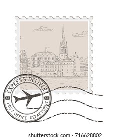 Postal stamp with old city panorama. With black postmark. Vector illustration isolated on white background