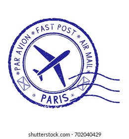 Postal stamp with PARIS title. Round blue postmark. Vector illustration isolated on white background