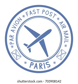 Postal stamp with PARIS title. Round blue postmark. Vector illustration isolated on white background