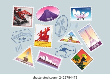 Postal stamp. Passport trip seal. Travel map location icon. Postage emblem. France culture. Country architecture. Paris landmark. Airplane flight. Vintage postage signs. Vector postcard symbols set