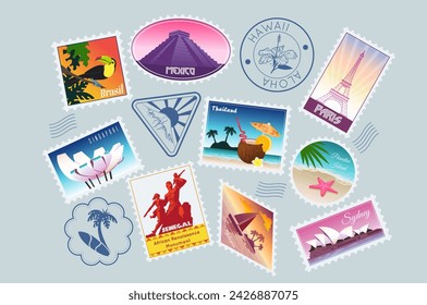 Sello postal. Sello de viaje de pasaporte. Emblema de viaje. País de visa. Símbolo vintage del aeropuerto. Mapa de vacaciones internacionales. Vuelo en avión. Etiqueta de marco. Signo de playa tropical de verano. Conjunto de iconos de turismo vectorial