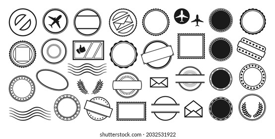 Juego de marcos vacío retro de sello postal. Banners vintage de la marca postal de borde de icono. Sellos en blanco. Documento y paquete, letra insignia colección round y etiqueta de símbolo de marca cuadrada