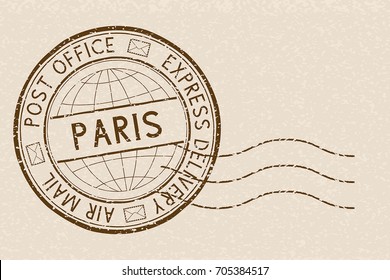 Postal stamp, round brown postmark with plane icon. Paris, France. Vector illustration