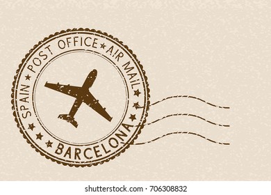 Postal stamp, round brown postmark with airplane icon. Barcelona, Spain. Vector illustration
