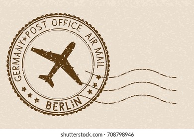 Postal stamp, round brown postmark with airplane icon. Berlin, Germany. Vector illustration on beige background