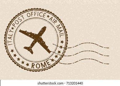 Postal stamp, round brown postmark with airplane icon. ROME, Italy. Vector illustration on beige background