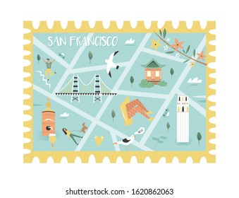 Postal stamp with San Francisco city map with landmarks and symbols. Vector illustration, travel design