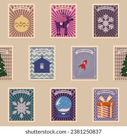 Postal stamp seamless pattern Christmas old postage stamps