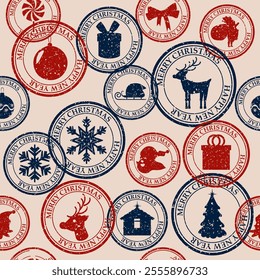 Postal stamp seamless pattern Christmas old postage stamps