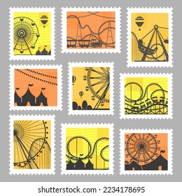 Postal stamp set with fair carousels silhouette. Postage mark collection with amusement park at colorful background, vector illustration. Holiday fair with ferris wheel at post mark