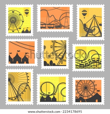 Postal stamp set with fair carousels silhouette. Postage mark collection with amusement park at colorful background, vector illustration. Holiday fair with ferris wheel at post mark
