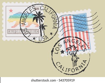 Postal stamp symbols 'Los Angeles-California'. Stylized Californian and USA flag (engraved, woodcut effect).