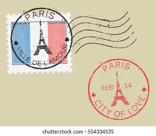 Postal stamp symbols 'Paris - City of Love '. French flag (engraved, woodcut effect). St Valentine's day concept.