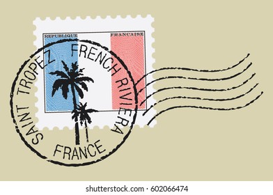 Postal stamp symbols 'Saint Tropez - France'.  French flag (engraved, woodcut effect). 