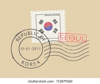 Postal stamp symbols ''Seoul - Republic of (South) Korea''. Korean flag (Yin Yang - Unity within diversity; engraved effect).