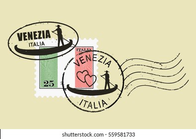  Postal stamp symbols 'Venice - Italy'. Man rowing gondola (boat). Italian inscription and flag (engraved, woodcut effect).