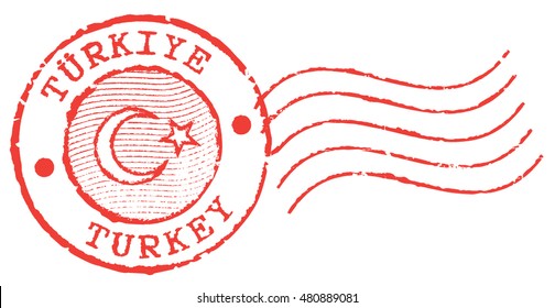 Postal stamp 'Turkey''. Turkish and english inscription. Dirty grunge texture.