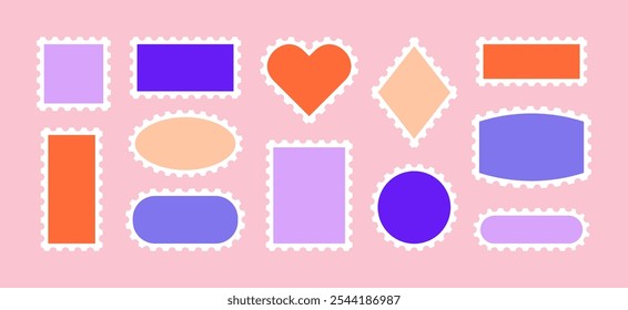 Postal Stamp Vector Colorful Frames Set. Postage Shapes Border. Vintage Blank Postmark Template is Different Forms Rhomb, Rectangle, Oval, Circle, Heart For Letter, Post Card, Web Design.