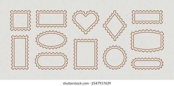 Postal Stamp Vector Outline Frames Set. Postage Shapes Border. Line Icons Postmark Template is Different Forms Rhomb, Rectangle, Oval, Circle, Heart For Letter, Post Card, Web Design.