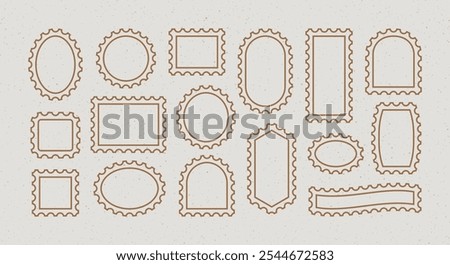 Postal Stamp Vector Outline Frames Set. Postage Shapes Border. Line Icons Postmark Template is Different From Rectangle, Oval, Circle, Square For Letter, Post Card, Web Design.