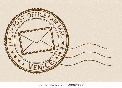 Postal stamp with VENICE title. Round brown postmark on beige background. Vector illustration